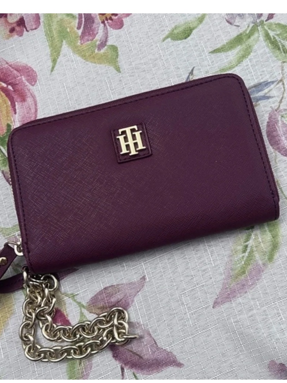 Tommy Hilfiger Deep Plum Zip-Around Wallet with Gold Chain